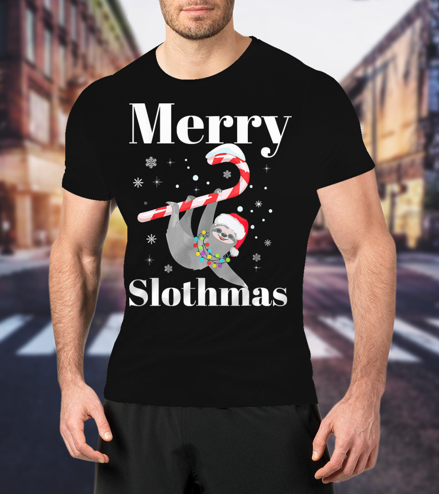 Merry Slothmas Christmas Sloths Candy Cane Santa Hat Snowflakes T-Shirt
