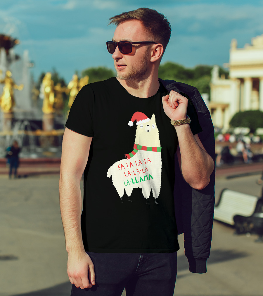 Fa La La La Llama Holiday Llama In Santa Hat And Scarf T-Shirt