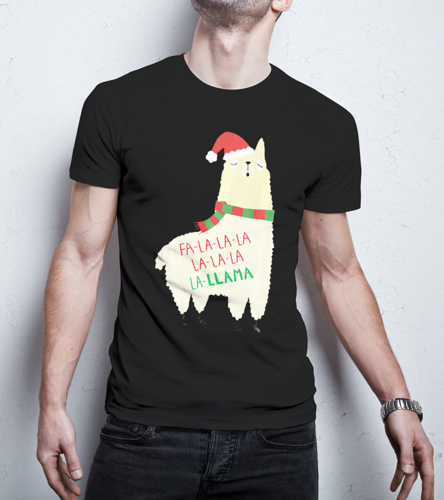 Fa La La La Llama Holiday Llama In Santa Hat And Scarf T-Shirt