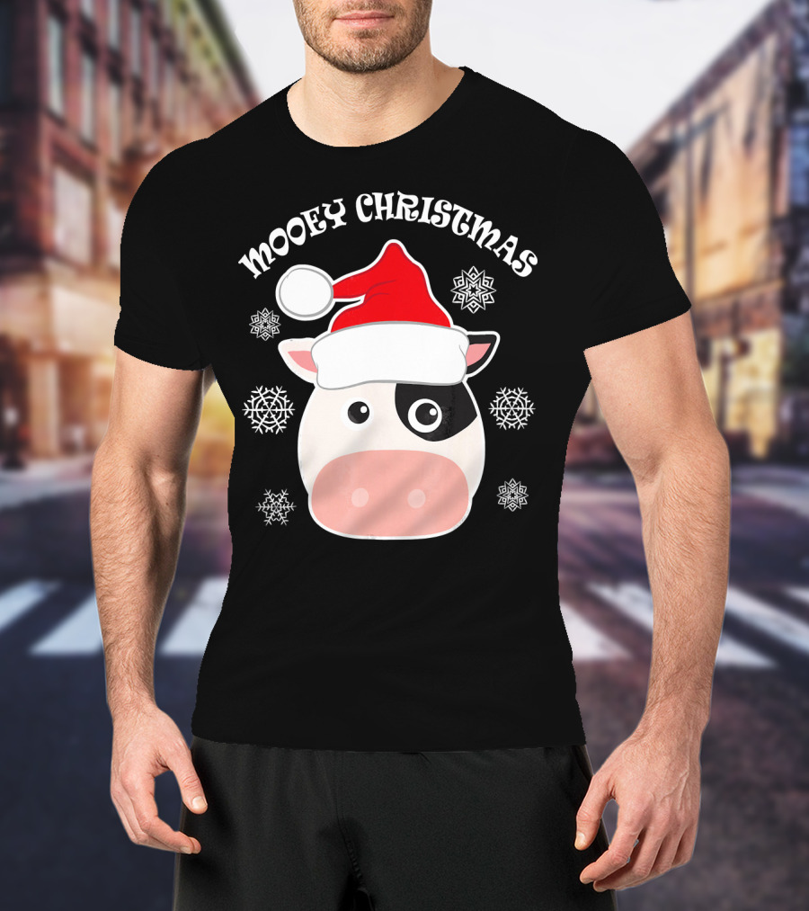 Mooey Christmas Cow Santa Hat Snowflakes T-Shirt
