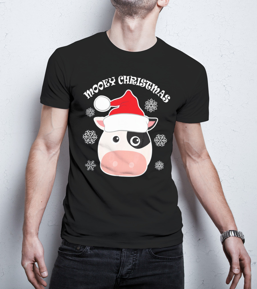 Mooey Christmas Cow Santa Hat Snowflakes T-Shirt