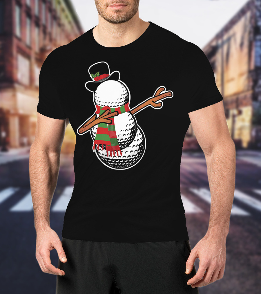 Dabbing Golf Snowman Christmas Hat And Scarf T-Shirt