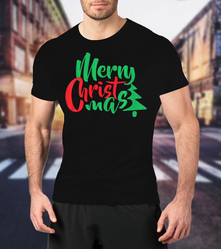 Merry Christmas Tree Design In Festive Red And Green T-Shirt