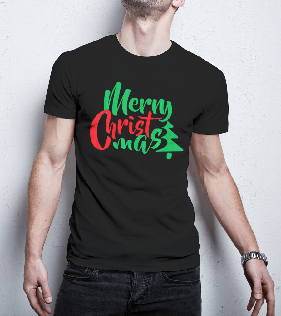 Merry Christmas Tree Design In Festive Red And Green T-Shirt