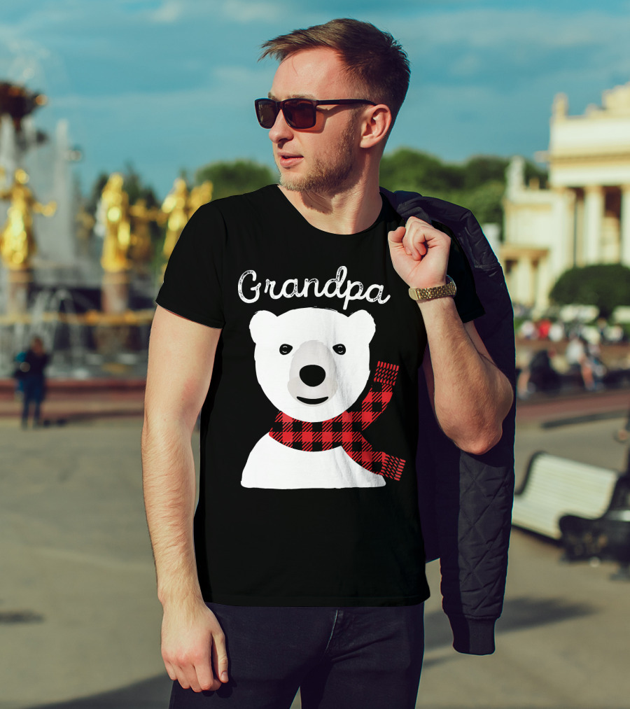 Grandpa Christmas Bear With Red Plaid Scarf Family Matching T-Shirt