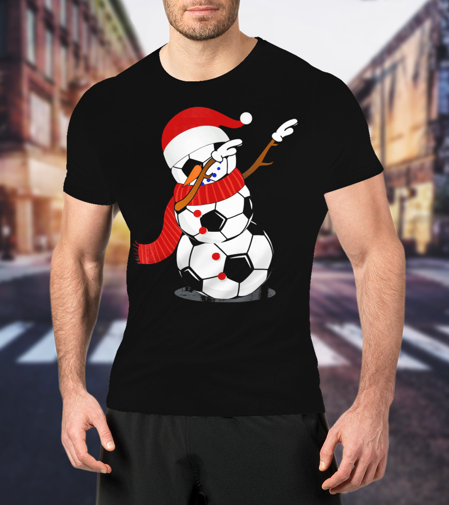 Festive Soccer Ball Dabbing Snowman With Santa Hat And Scarf T-Shirt