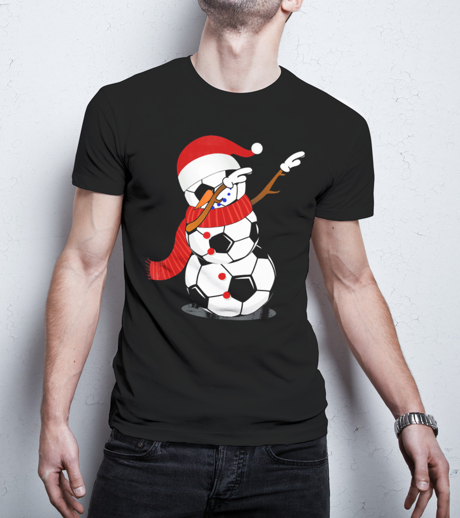 Festive Soccer Ball Dabbing Snowman With Santa Hat And Scarf T-Shirt