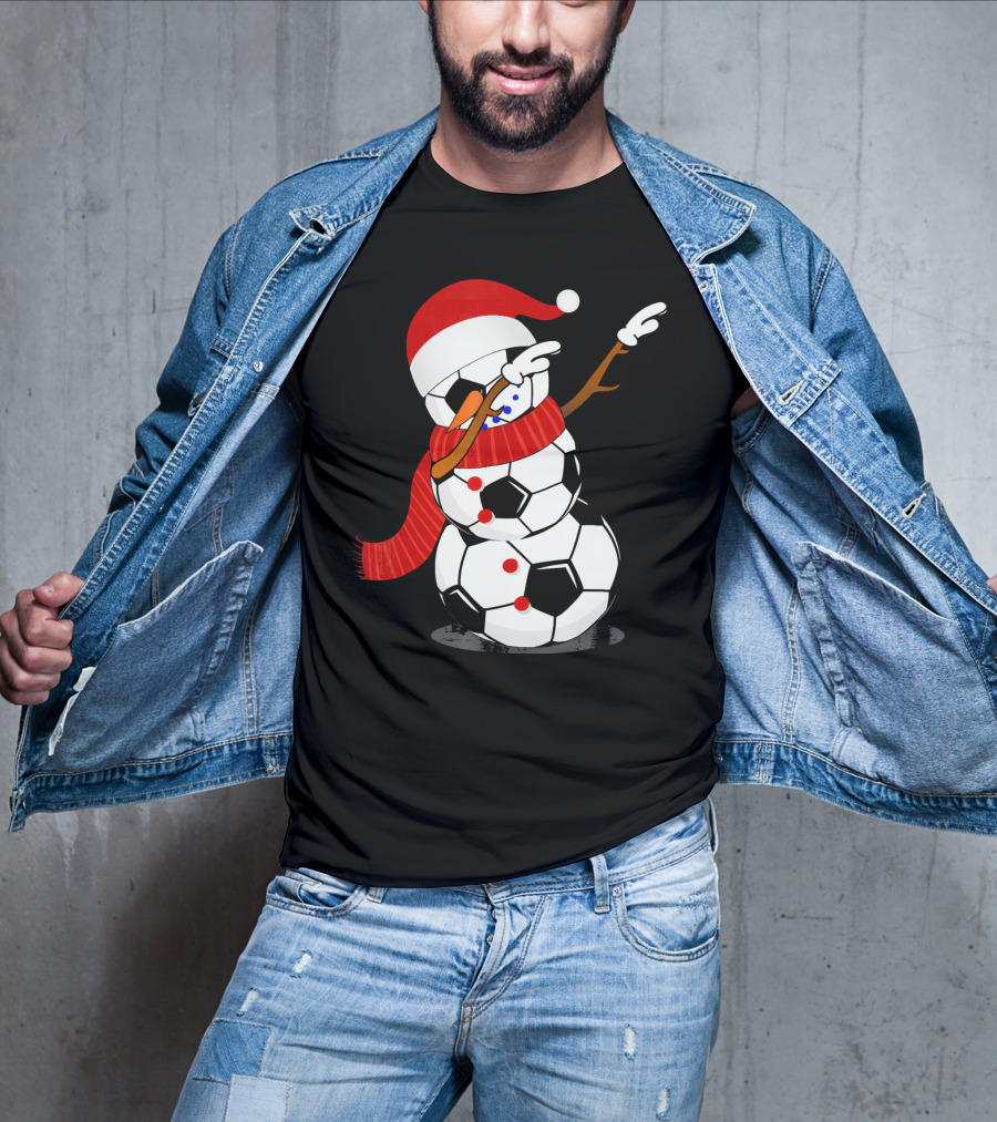 Festive Soccer Ball Dabbing Snowman With Santa Hat And Scarf T-Shirt