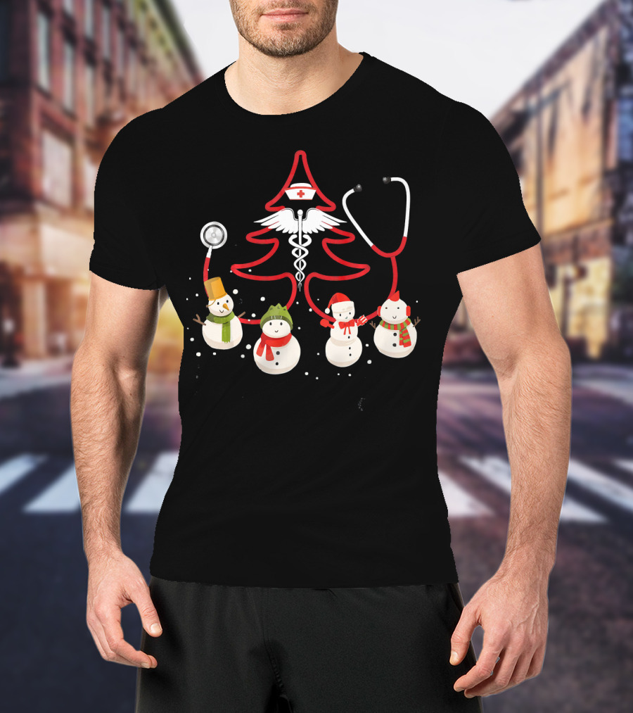 Nurse Christmas Costume Funny Chris Snowmen Stethoscope Tree T-Shirt