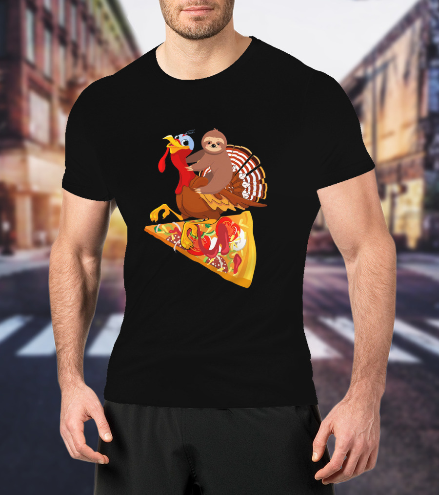 Sloth Riding Turkey On Pizza Slice Surreal Fun T-Shirt