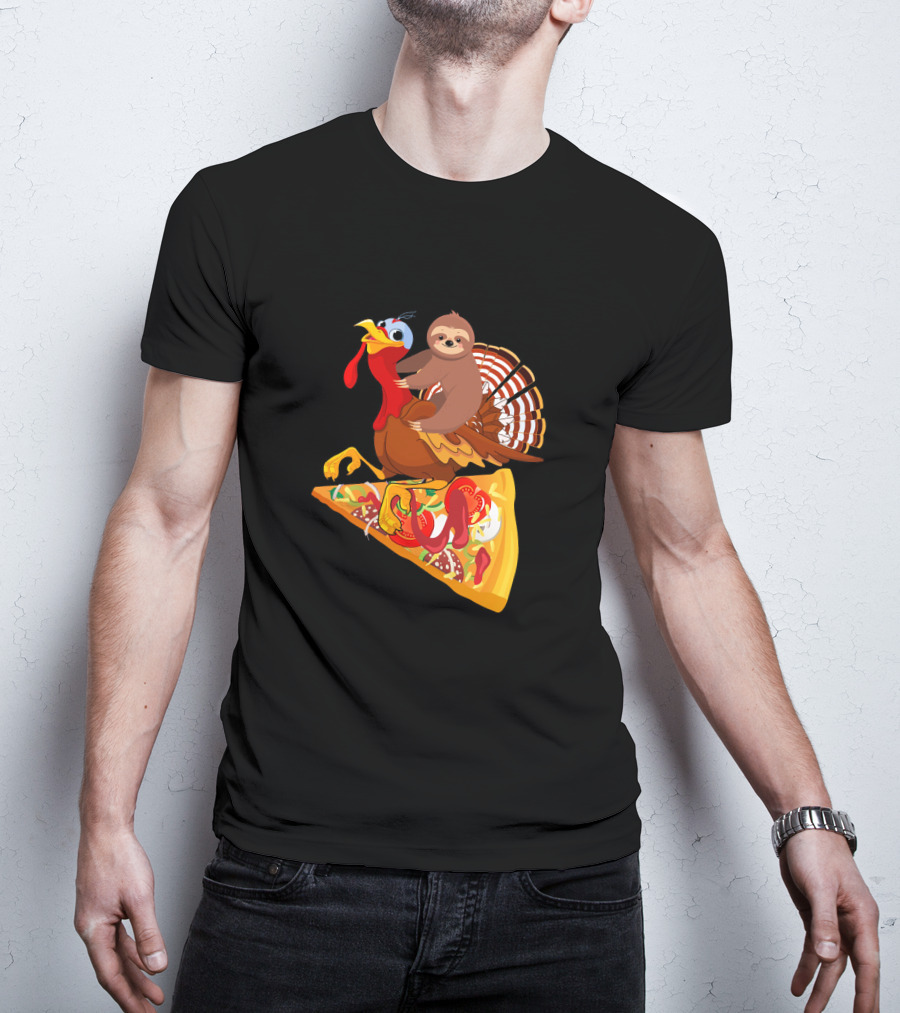 Sloth Riding Turkey On Pizza Slice Surreal Fun T-Shirt
