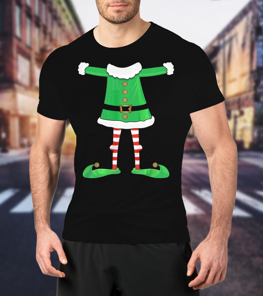 Santa Elf Suit Green Costume With Red Striped Tights And Green Shoes T-Shirt