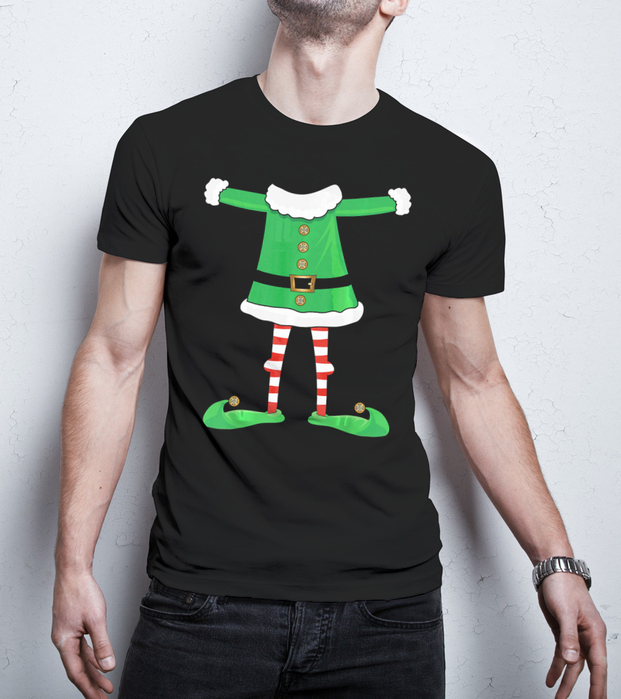 Santa Elf Suit Green Costume With Red Striped Tights And Green Shoes T-Shirt
