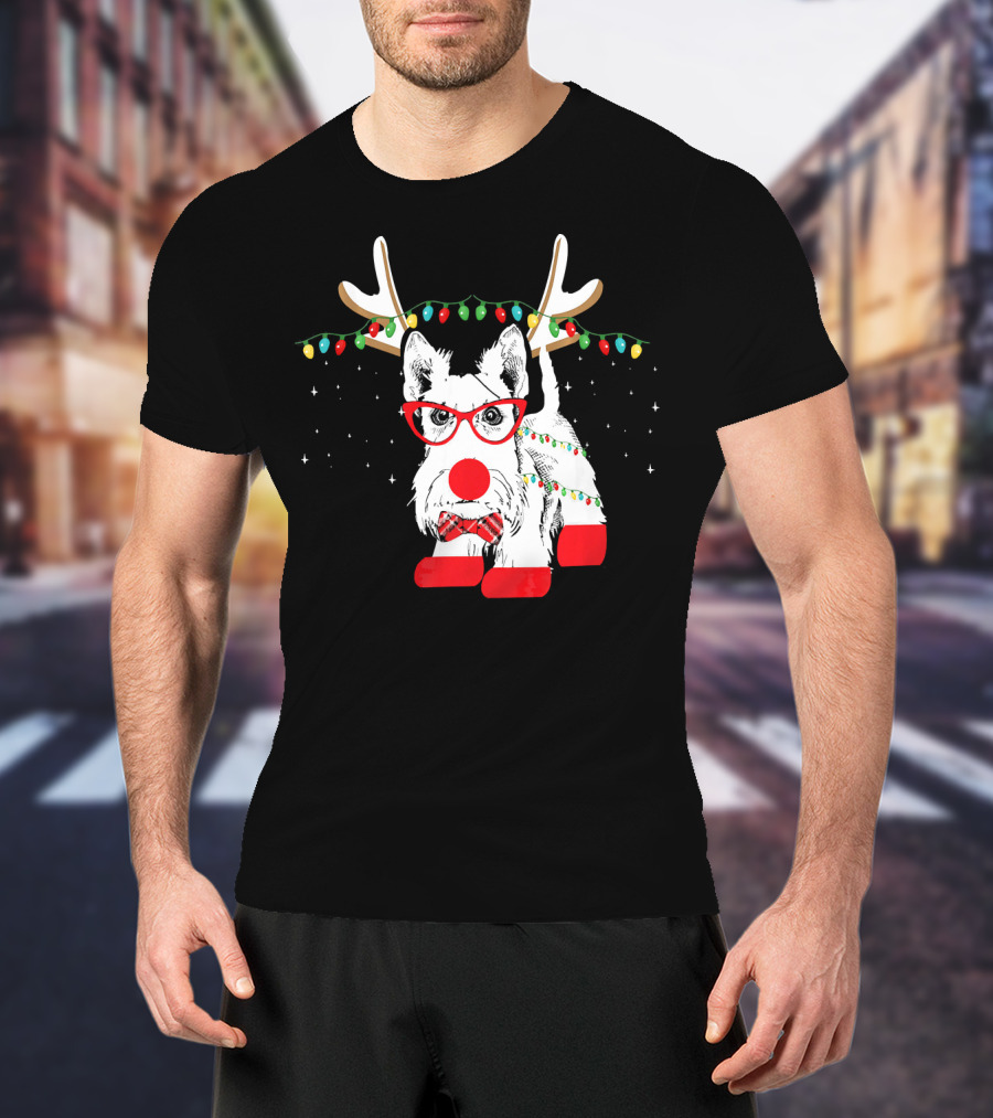 Scottie Dog Christmas Reindeer Lights And Bow Tie T-Shirt
