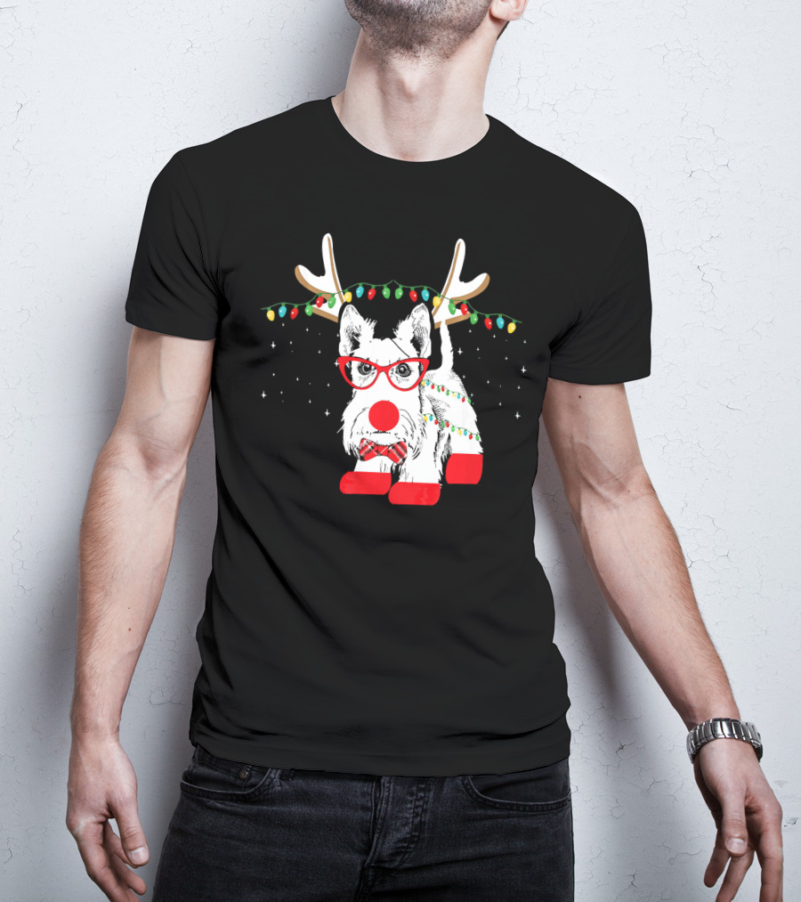 Scottie Dog Christmas Reindeer Lights And Bow Tie T-Shirt