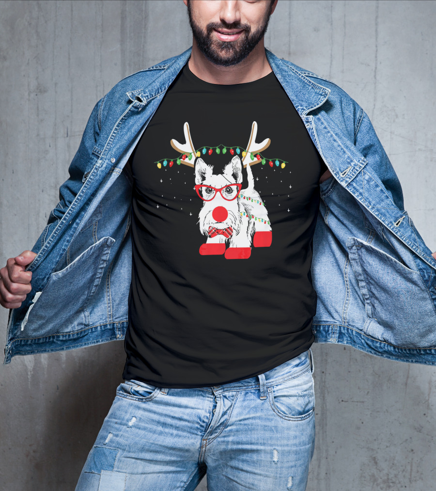 Scottie Dog Christmas Reindeer Lights And Bow Tie T-Shirt