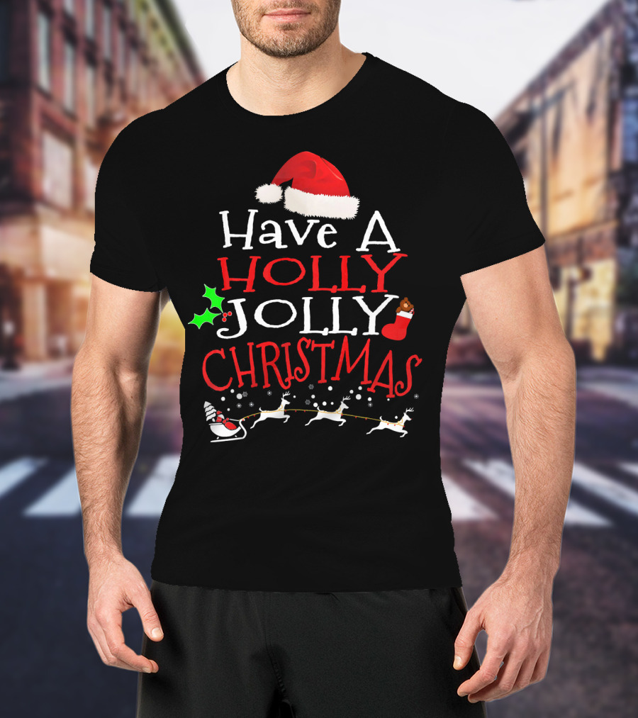 Have A Holly Jolly Christmas Santa Hat Reindeer Sleigh T-Shirt