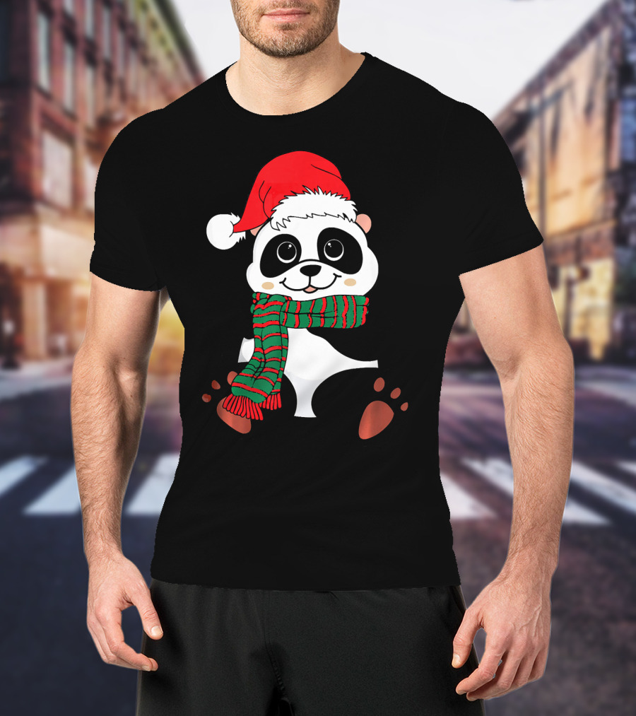 Christmas Panda In Santa Hat And Scarf Winter Vacation T-Shirt