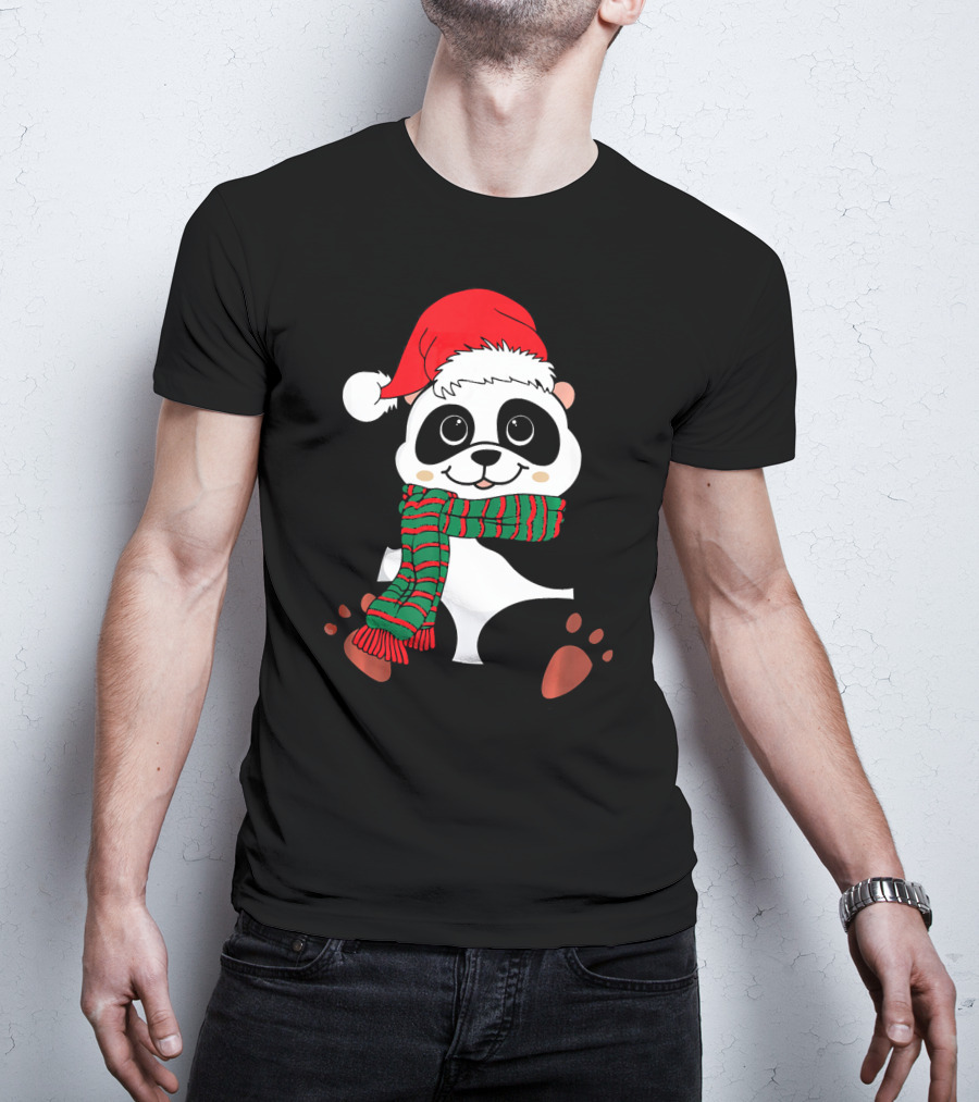 Christmas Panda In Santa Hat And Scarf Winter Vacation T-Shirt