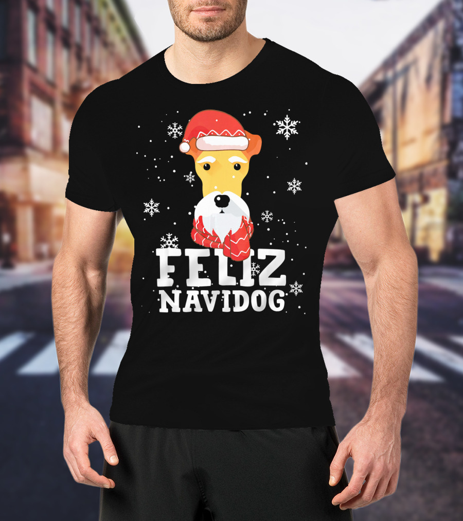 Feliz Navidog Fox Terrier Wire Dog Santa Hat Snowflakes T-Shirt