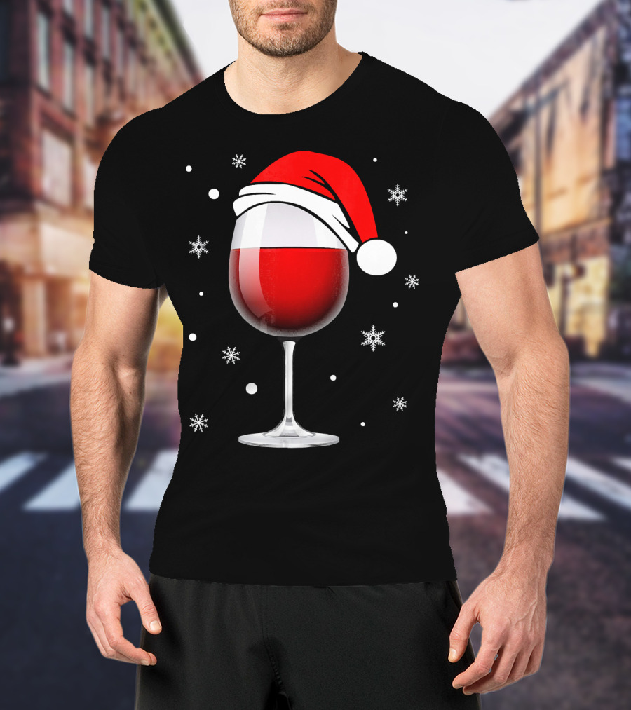 Santa Hat Wine Glass Funny Christmas Holid Snowflakes T-Shirt