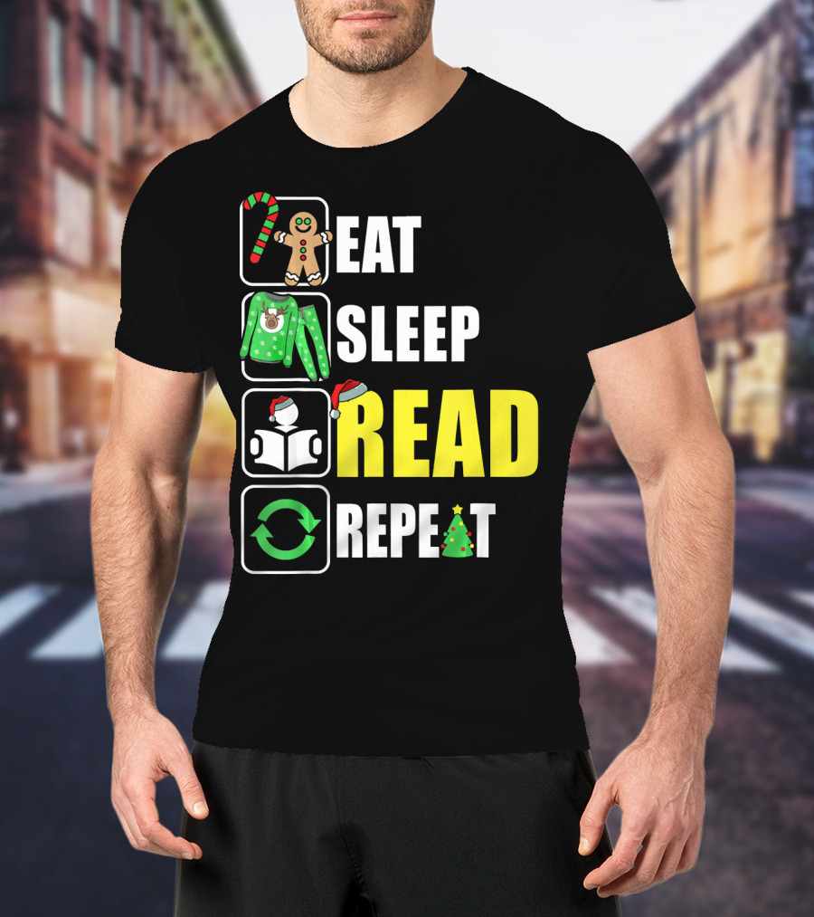 Eat Sleep Read Repeat Christmas Gingerbread Candy Cane Sweater Book Tree T-Shirt