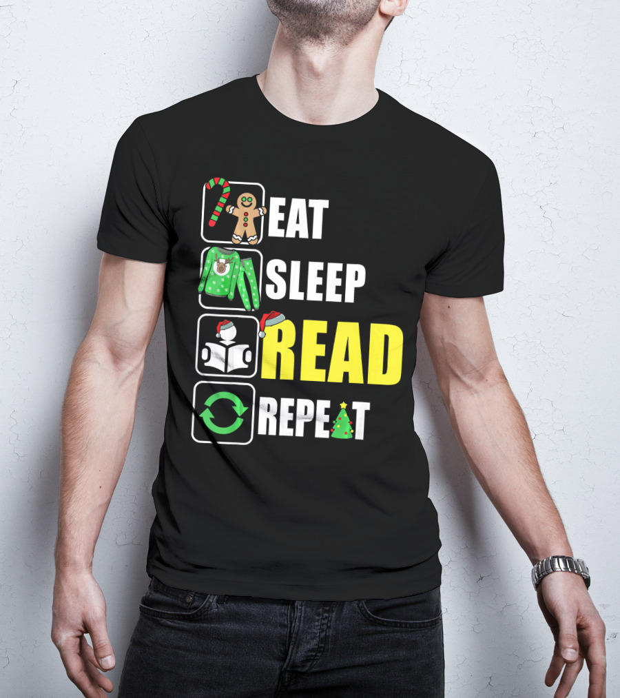 Eat Sleep Read Repeat Christmas Gingerbread Candy Cane Sweater Book Tree T-Shirt