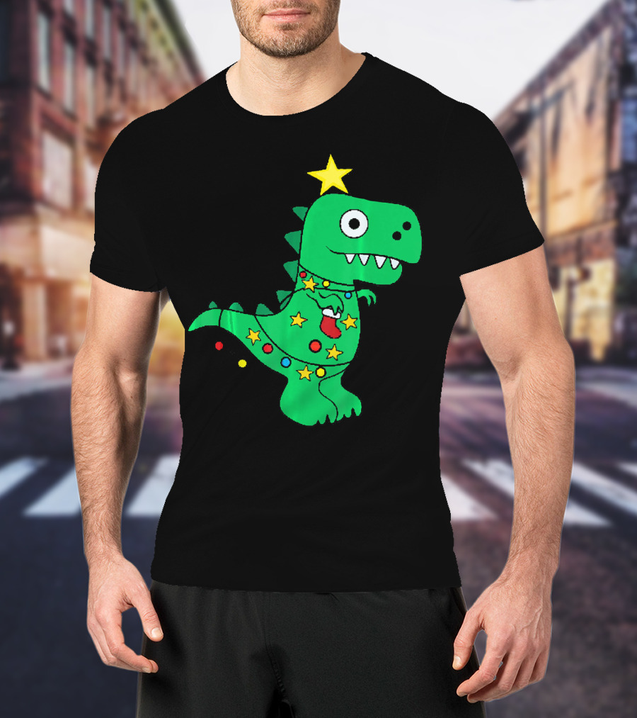 Christmas Dinosaur Rex With Star And Lights T-Shirt