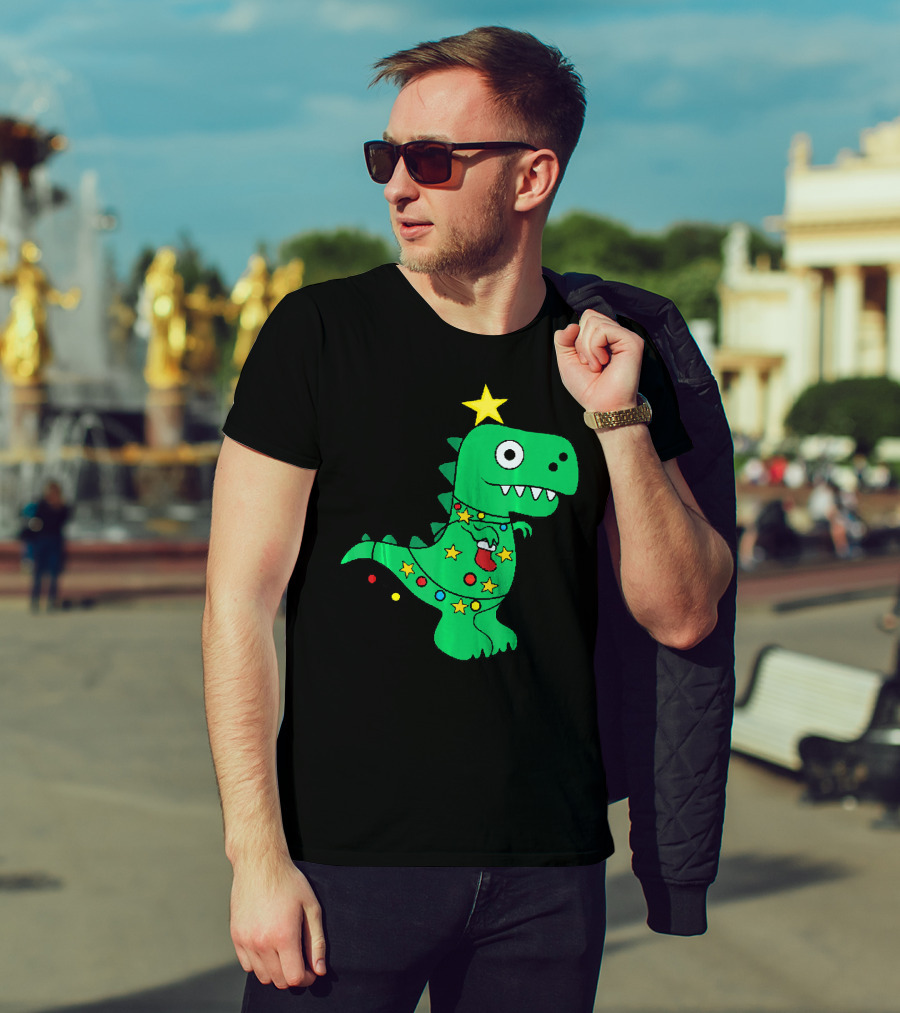 Christmas Dinosaur Rex With Star And Lights T-Shirt