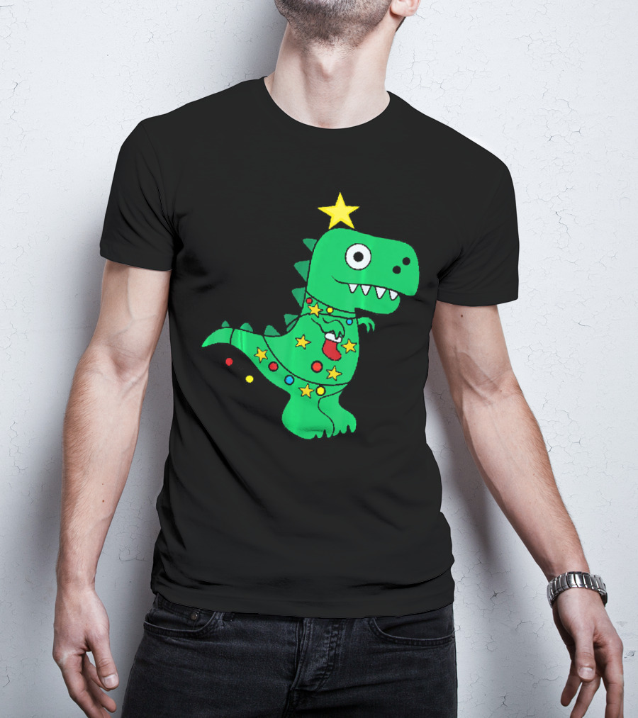 Christmas Dinosaur Rex With Star And Lights T-Shirt