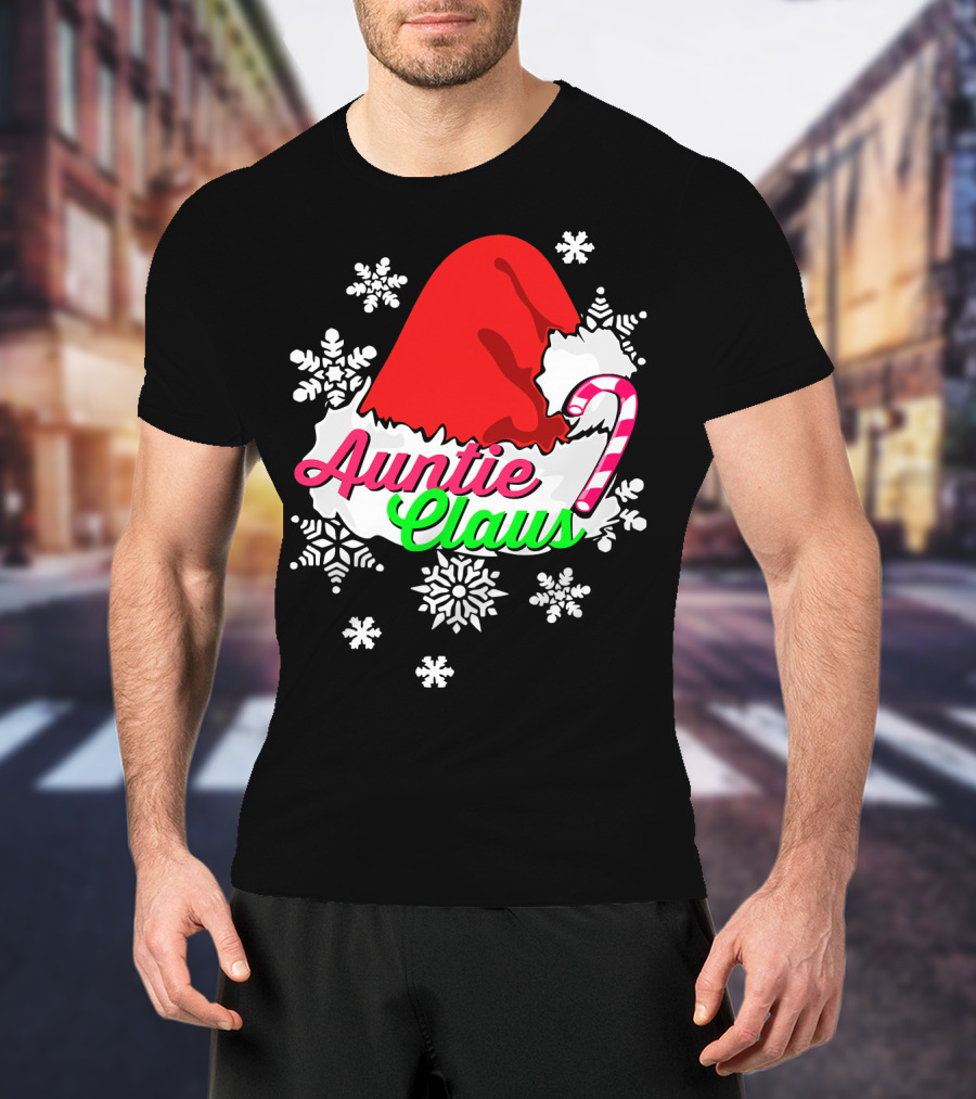 Auntie Claus Christmas Candy Cane Snowflakes Santa Hat T-Shirt
