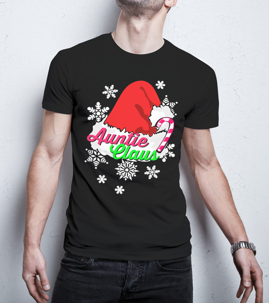 Auntie Claus Christmas Candy Cane Snowflakes Santa Hat T-Shirt