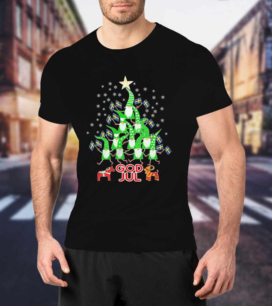 God Jul Christmas Tree Swedish Flags Tomte Nisse Dala Horse T-Shirt