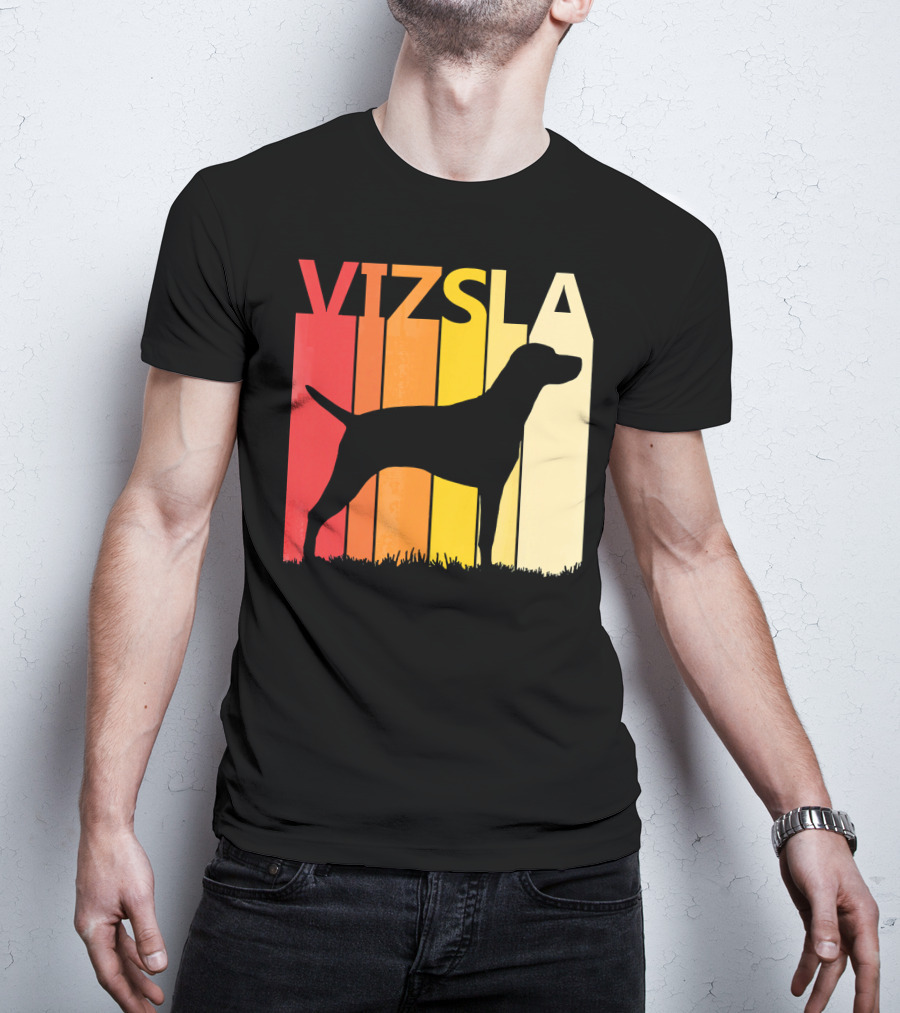 Retro Vizsla Dog Silhouette With Gradient Stripes T-Shirt