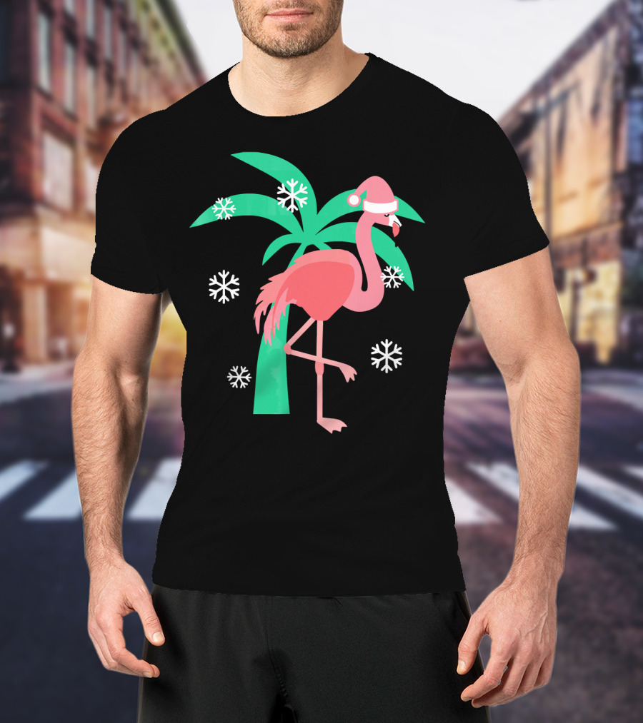 Pink Flamingo With Santa Hat And Palm Tree Snowflakes Christmas T-Shirt