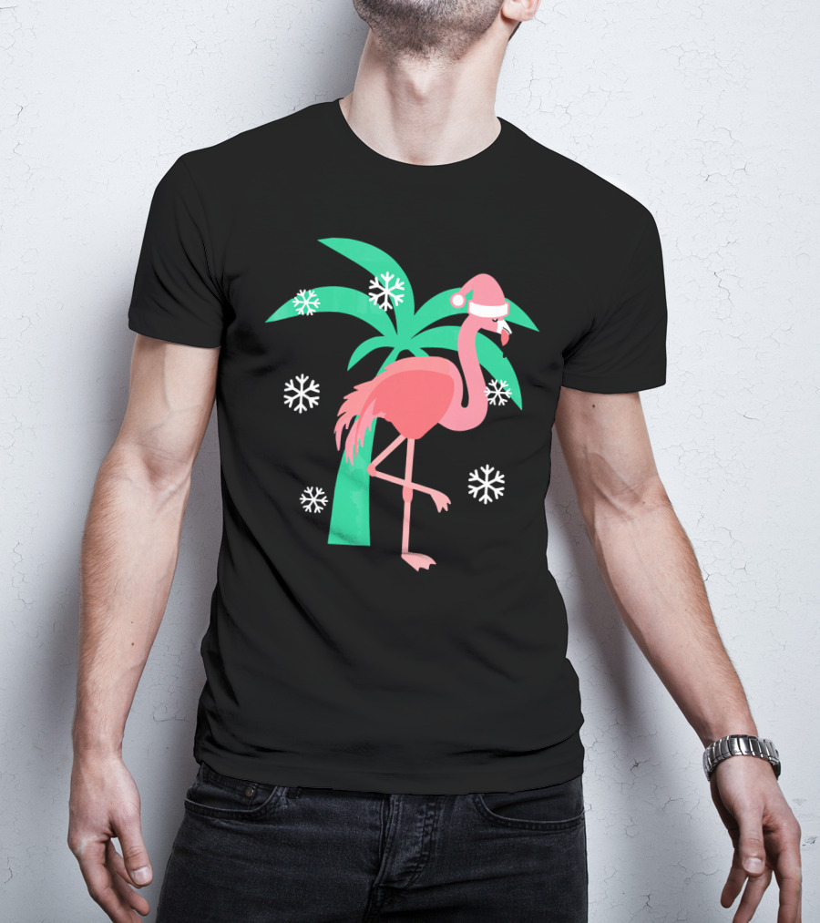 Pink Flamingo With Santa Hat And Palm Tree Snowflakes Christmas T-Shirt