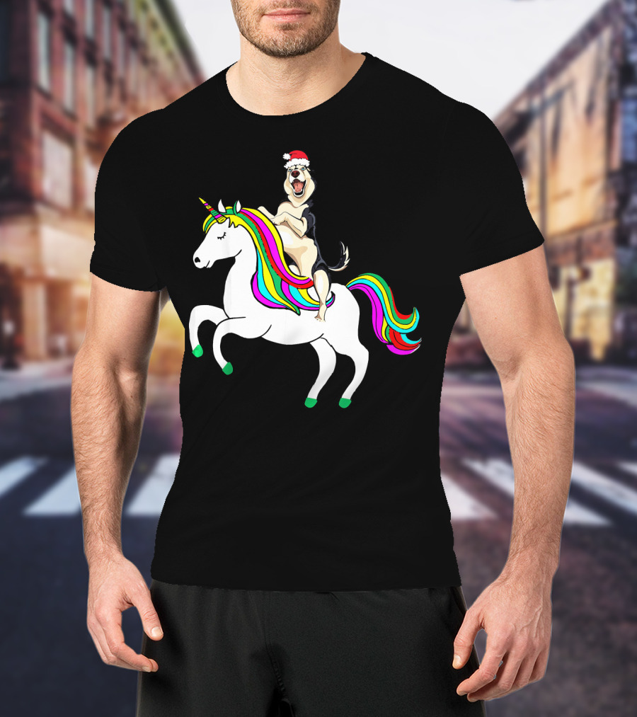 Pug Christmas Dog Riding Rainbow Unicorn T-Shirt