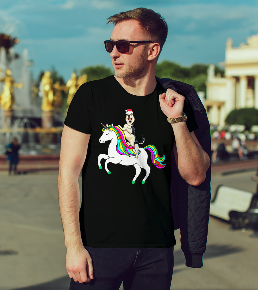 Pug Christmas Dog Riding Rainbow Unicorn T-Shirt