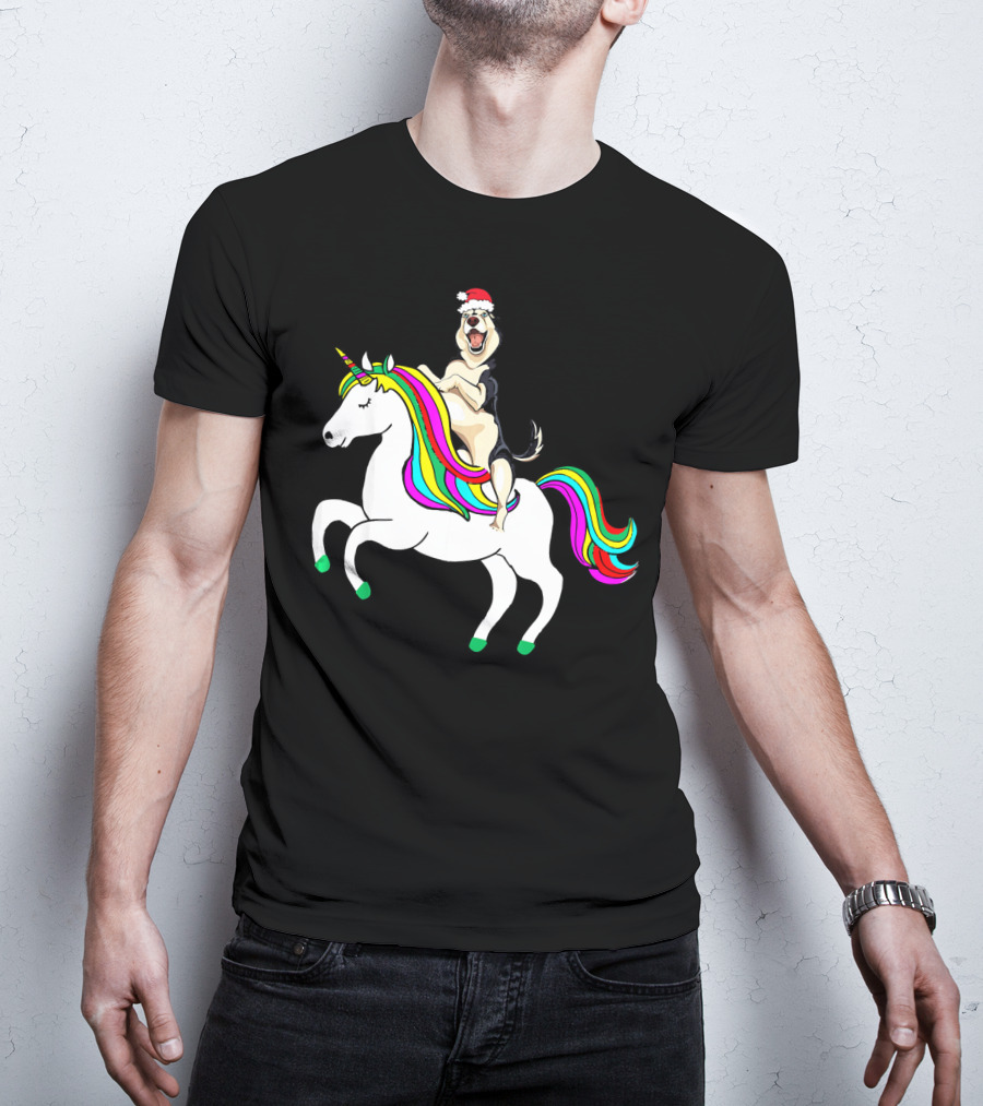 Pug Christmas Dog Riding Rainbow Unicorn T-Shirt