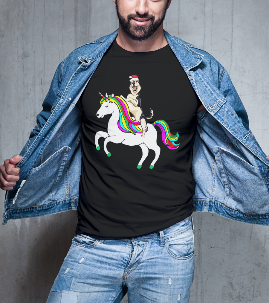 Pug Christmas Dog Riding Rainbow Unicorn T-Shirt