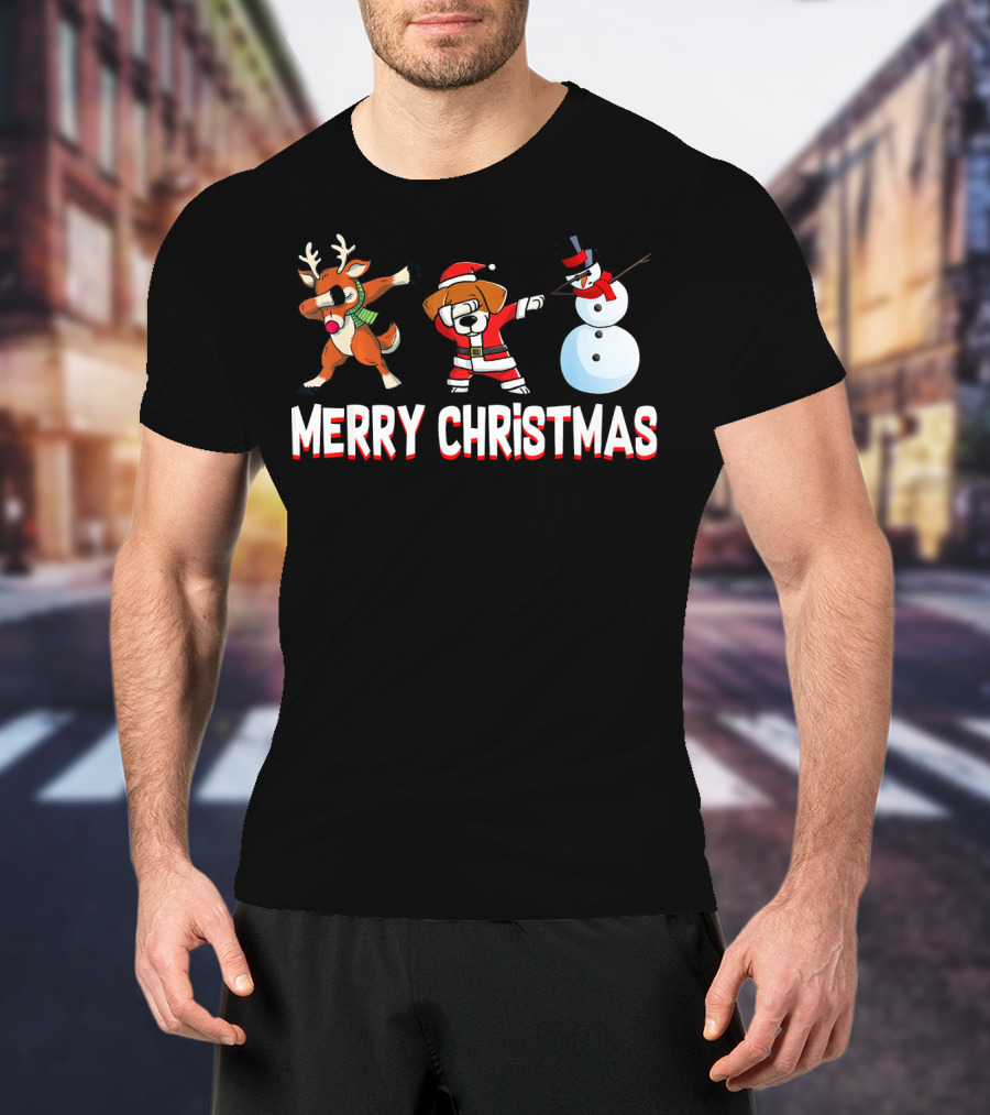 Merry Christmas Reindeer Santa Dog And Snowman T-Shirt
