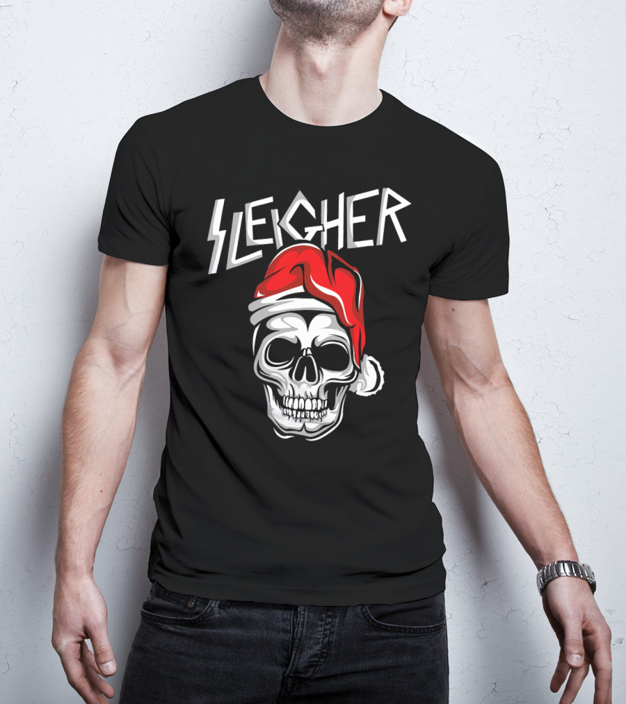 Sleigher Heavy Metal Music Skull With Santa Hat T-Shirt