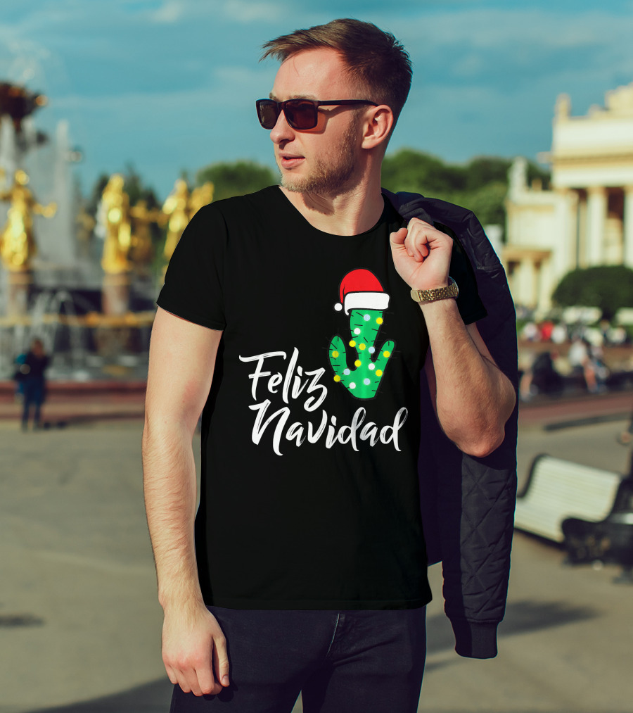 Feliz Navidad Cactus With Santa Hat And Christmas Lights T-Shirt