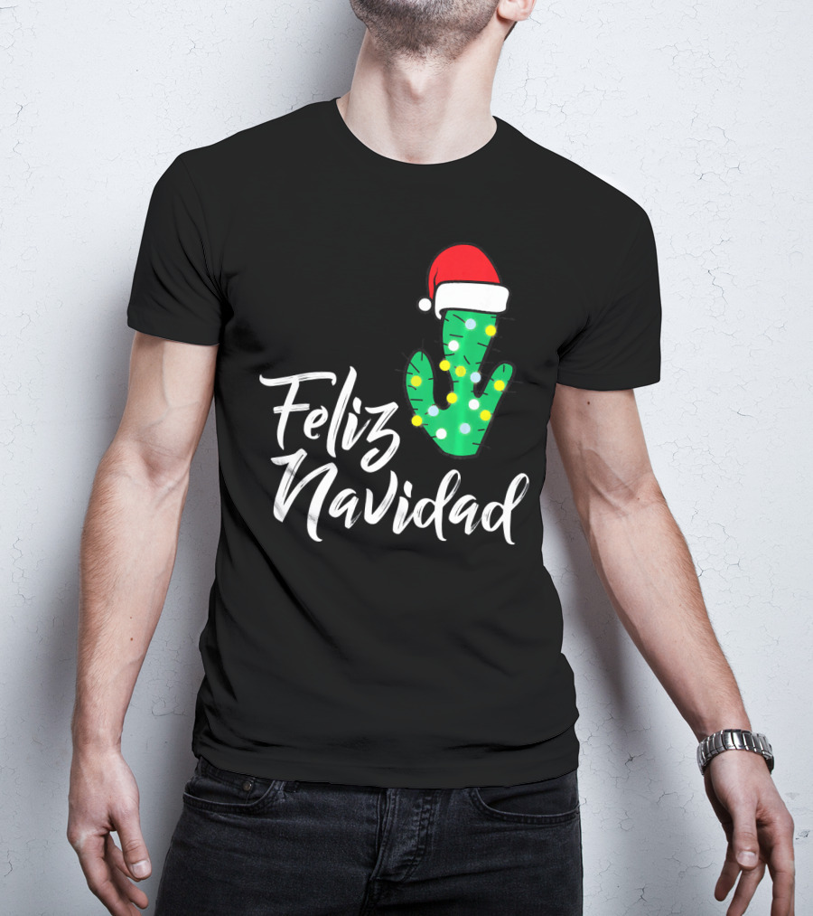 Feliz Navidad Cactus With Santa Hat And Christmas Lights T-Shirt