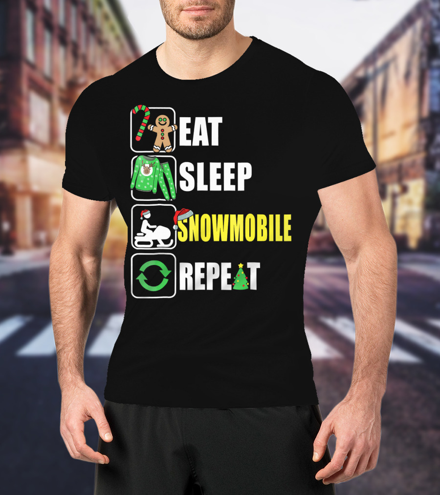 Eat Sleep Snowmobile Repeat Christmas Holiday Icons Gingerbread Sweater Candy Cane T-Shirt