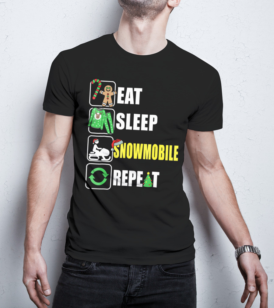 Eat Sleep Snowmobile Repeat Christmas Holiday Icons Gingerbread Sweater Candy Cane T-Shirt