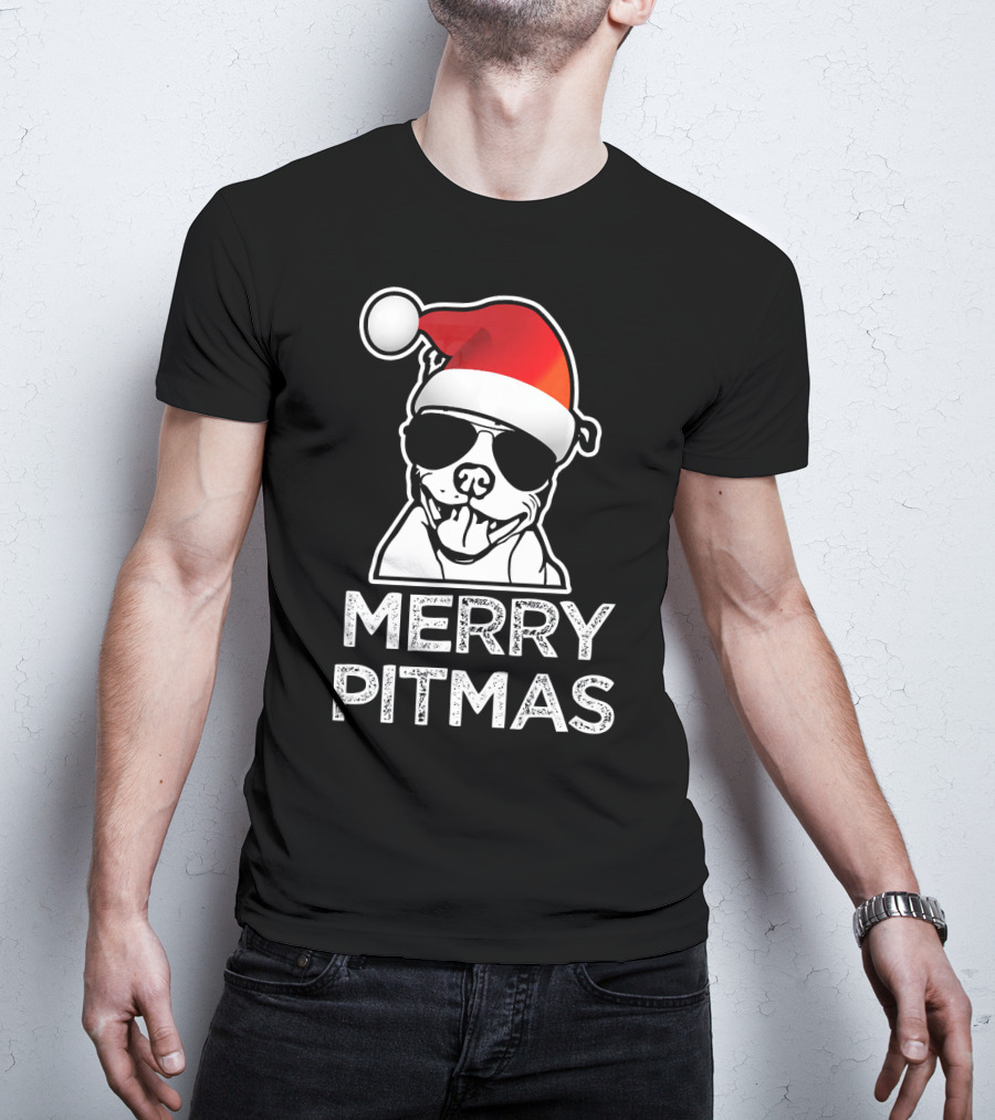 Merry Pitmas Funny Christmas Pitbull With Santa Hat And Sunglasses T-Shirt