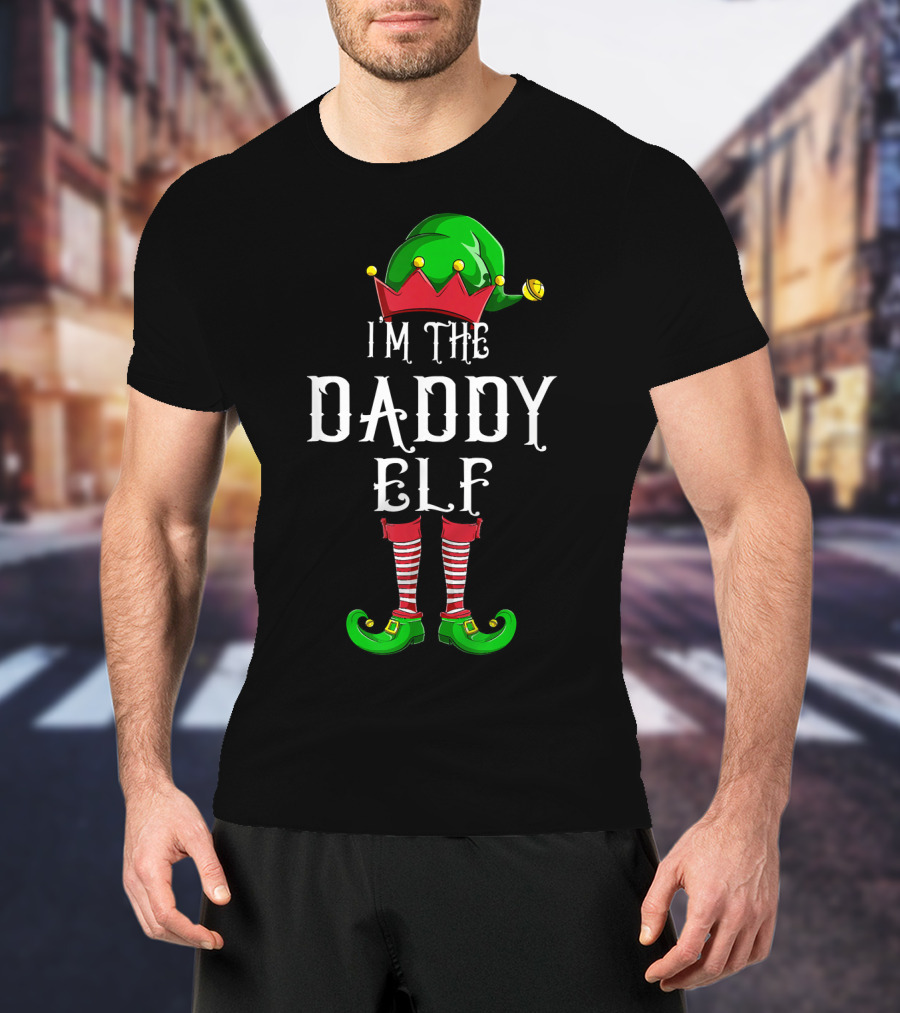I'm The Daddy Elf Christmas Costume Green Hat Red White Striped Socks T-Shirt