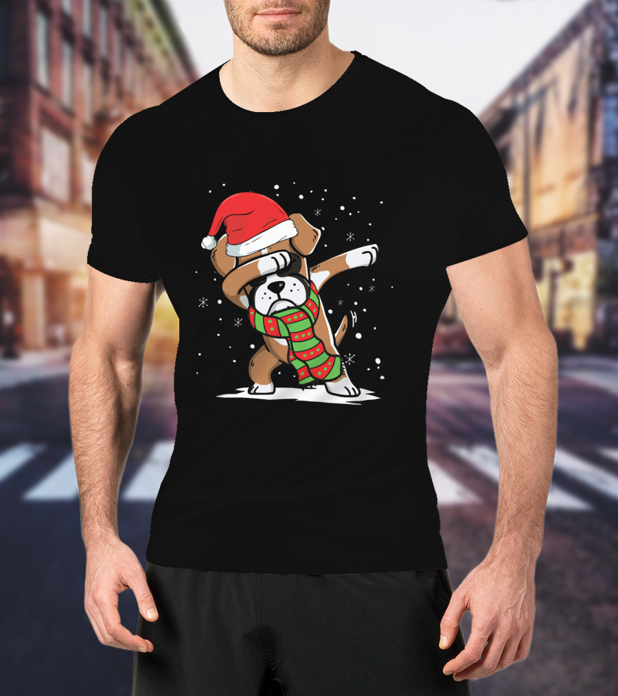 Santa Hat Dabbing Boxer With Christmas Scarf T-Shirt