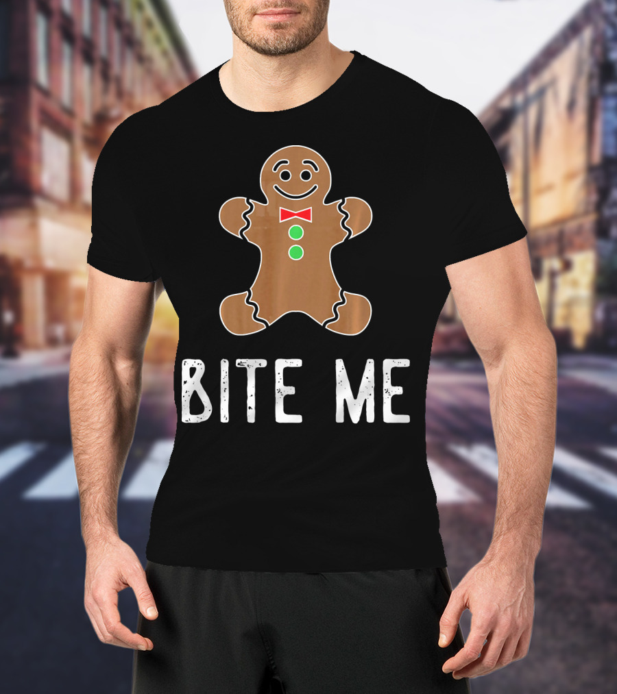 Bite Me Gingerbread Cookie Red Bow Tie Green Buttons T-Shirt